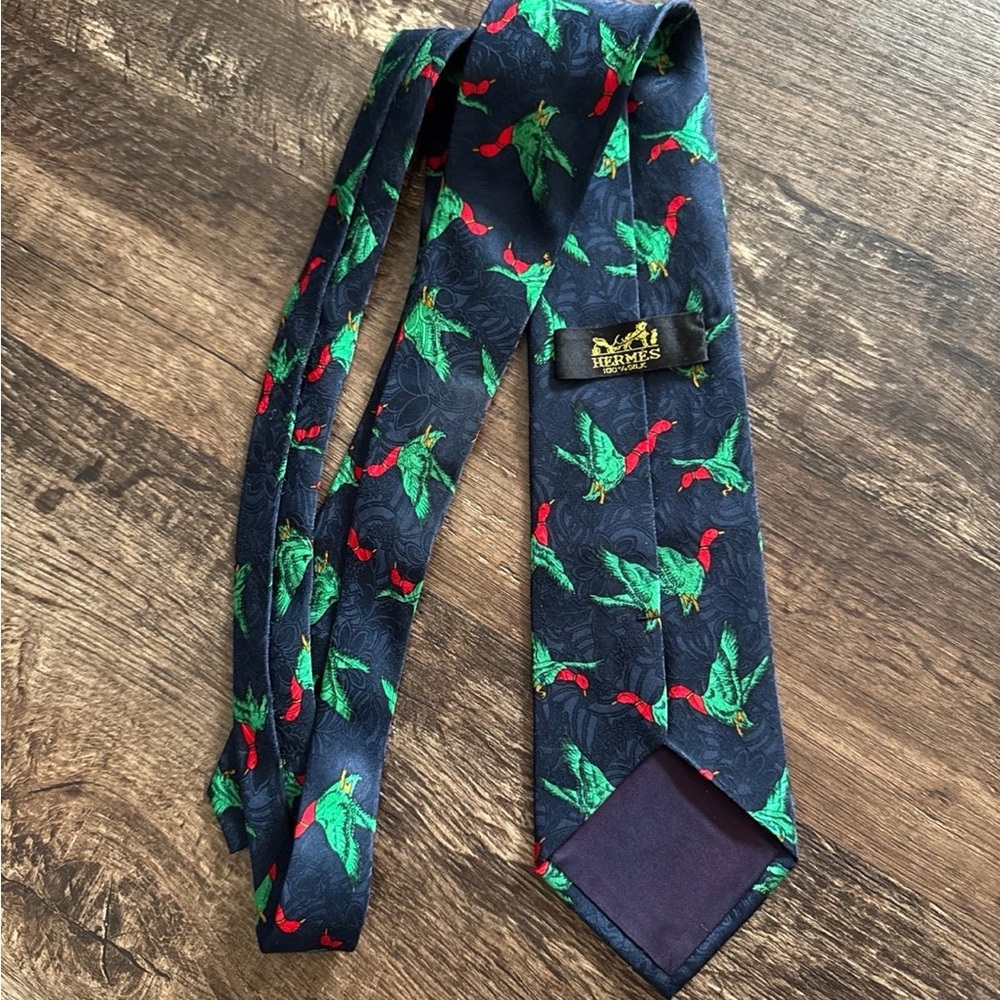 Hermes Tie with Green and Red Bird Design